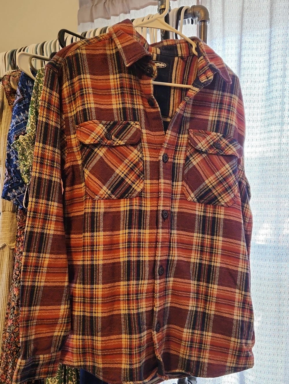 Buffalo David Bitton Red and Brown Plaid Flannel Shirt Jacket.